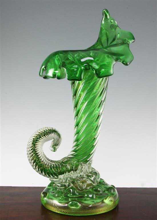 A large Murano green and clear cased glass cornucopia, first half 20th century, 47.5cm